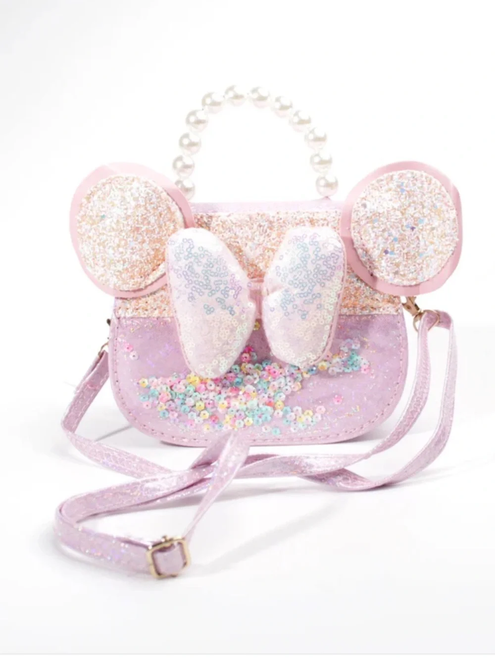 NWT Minnie Mouse Inspired Girls Pink Shimmer Crossbody Handbag with Pearl Handle